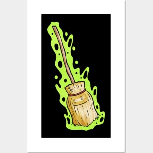 Magic Witch Broom With Green Shimmer Halloween Posters and Art